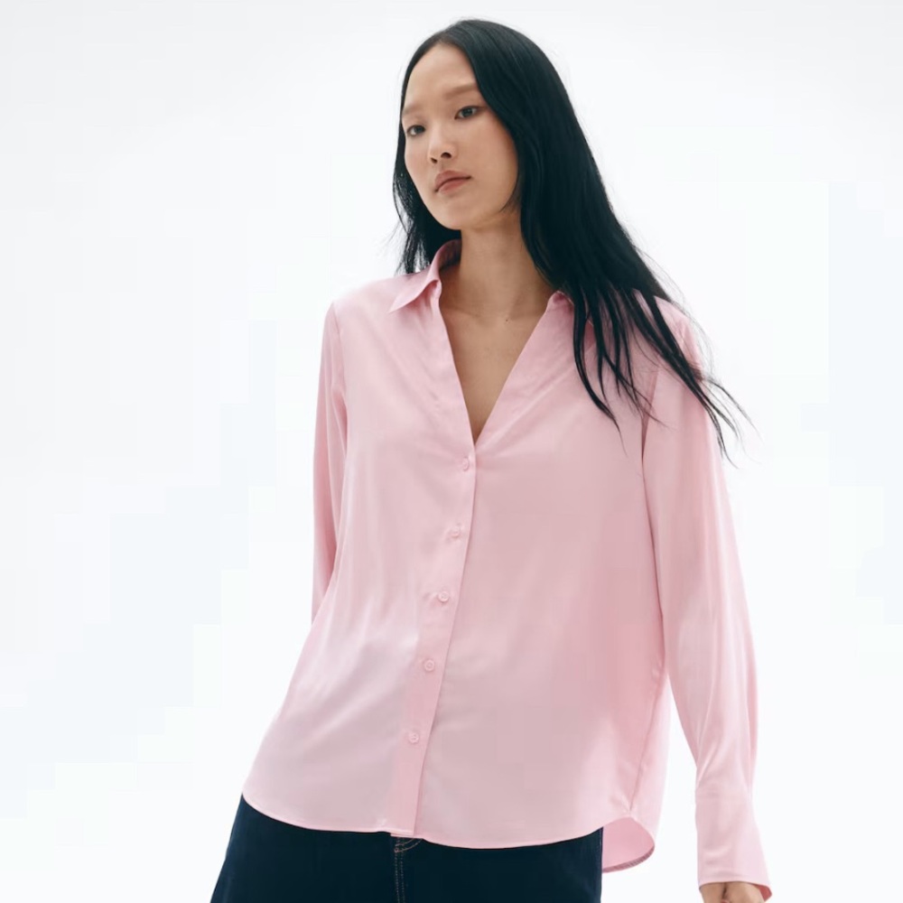 🆕 H&M Light Pink Button Up Blouse NWT Barbiecore Career Core Office Chic Top sz2
